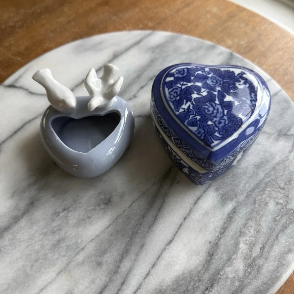 Pair Of Blue Heart Shaped Trinket Dishes One Like Flow Blue/Lid, One With Birds